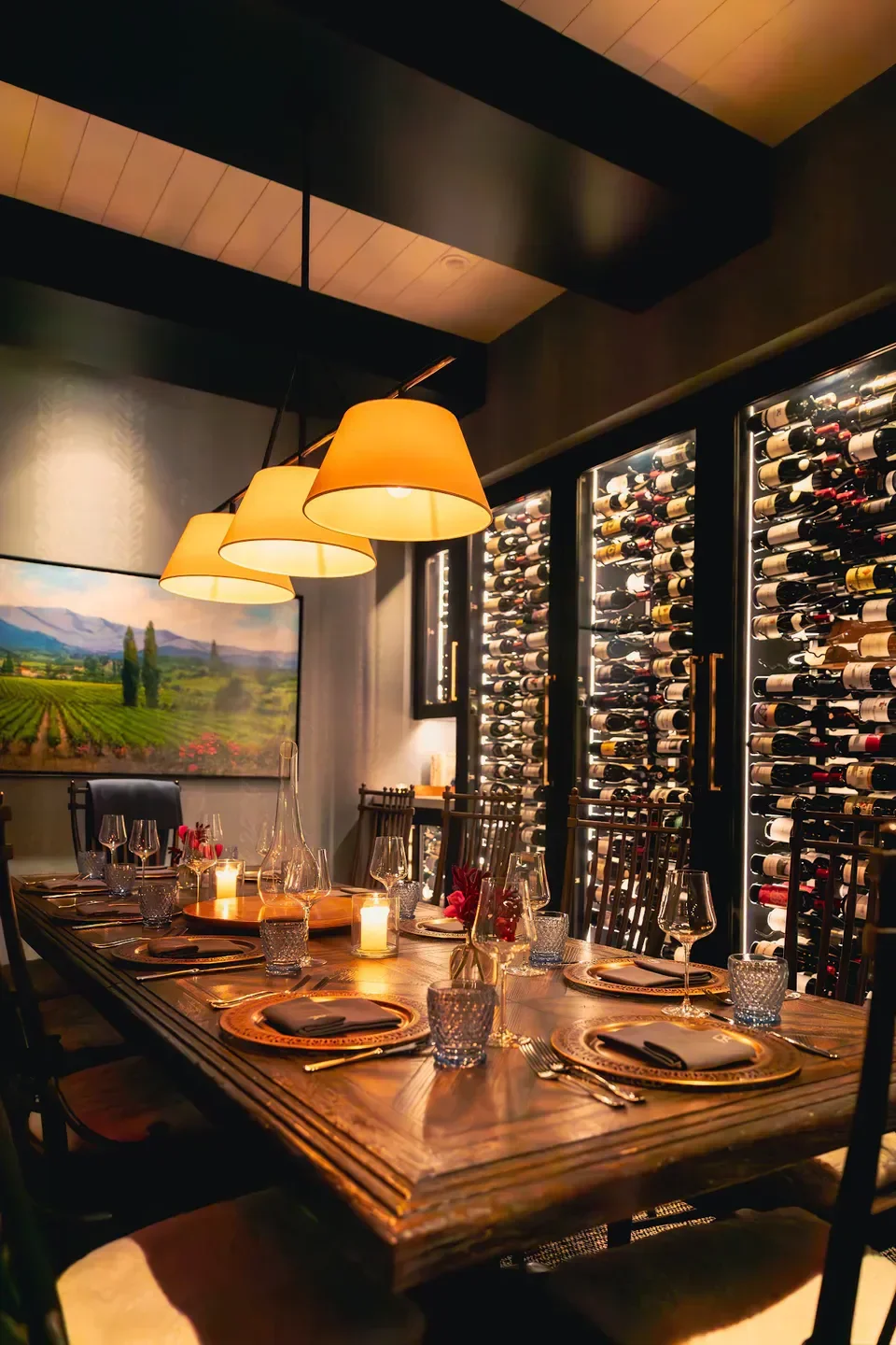 Elegant dining at PARC Aspen restaurant, with wine cellar in Aspen, Colorado.